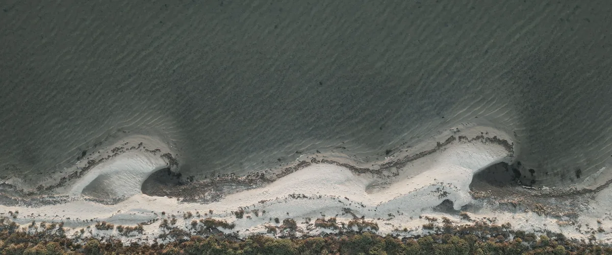 Aerial view of a quiet sandy coastline where shallow water meets low scrubland